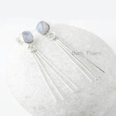 Rainbow Moonstone Earrings, Moonstone 9mm Cushion Gemstone Sterling Silver Earrings, Bar Earrings, Gift For Mother, Bohemian Earring Jewelry